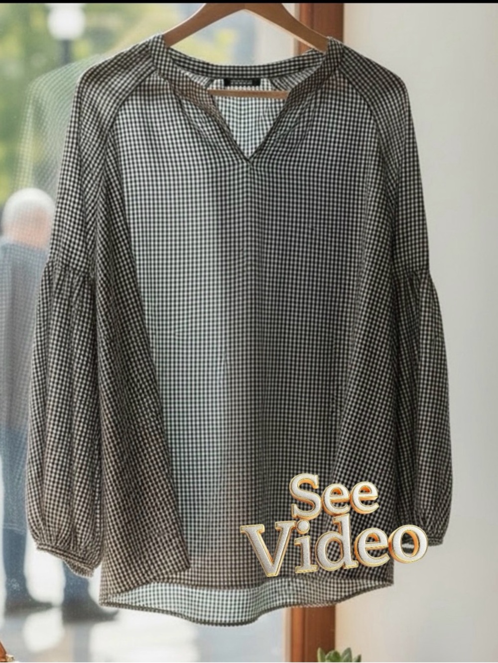 👛 (ANY 2/$25) OLSEN  Black\White Checked Pull On V-Neck Top, Collarless Tunic